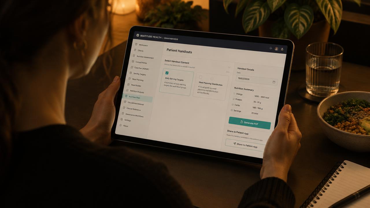 A nutritionist reviewing a patient plan in NutriGlean on a tablet in a dimly lit clinic
