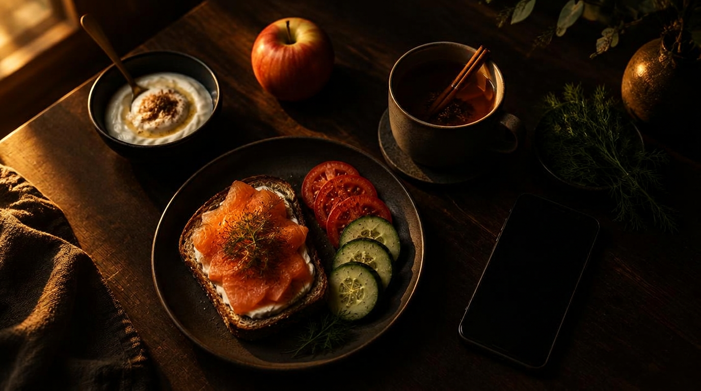 A heart-healthy breakfast of salmon toast, yogurt, fruit and tea laid out on a dark kitchen table