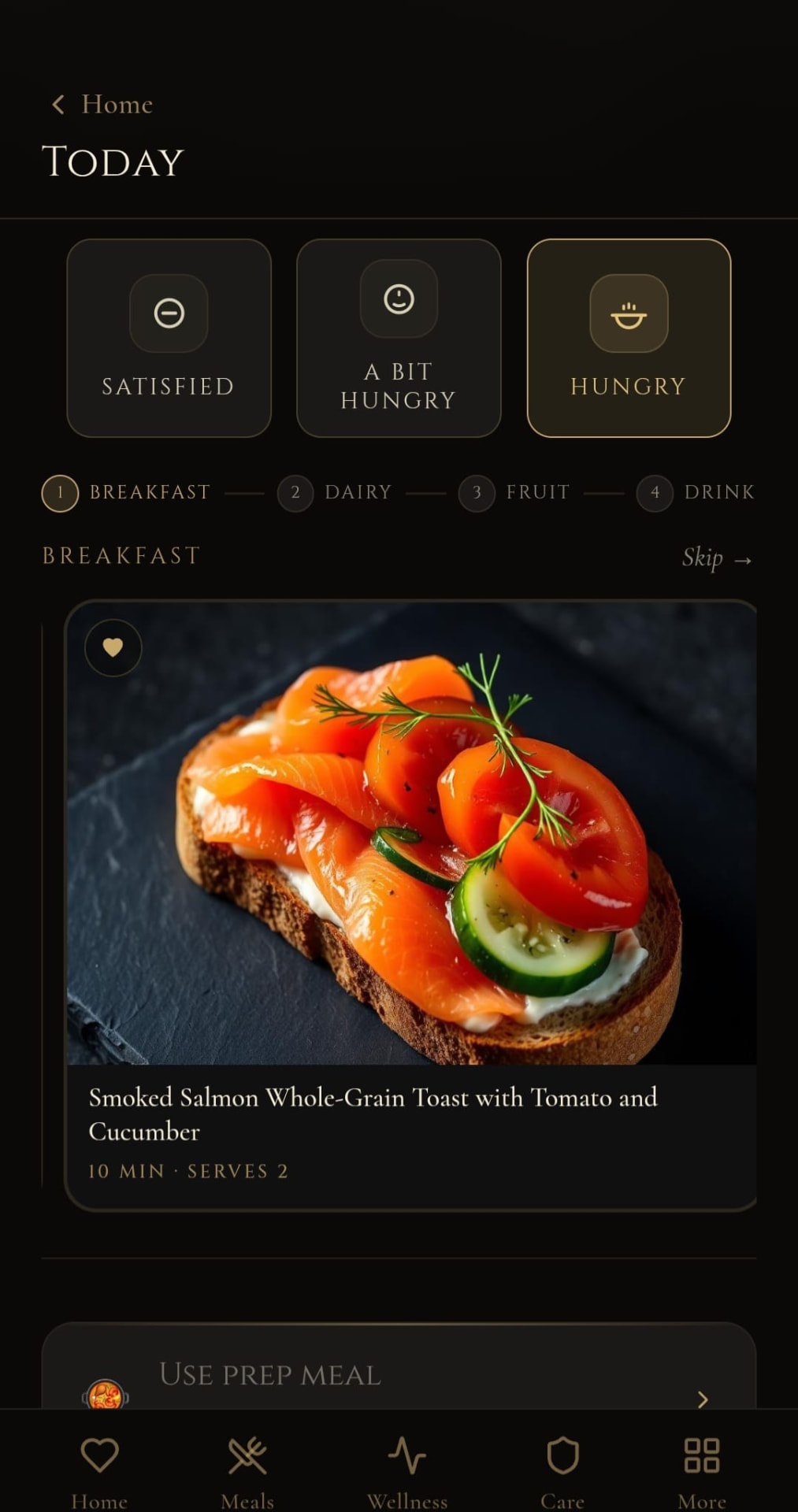 The Manne app asking a patient to choose their hunger level, then suggesting a breakfast recipe