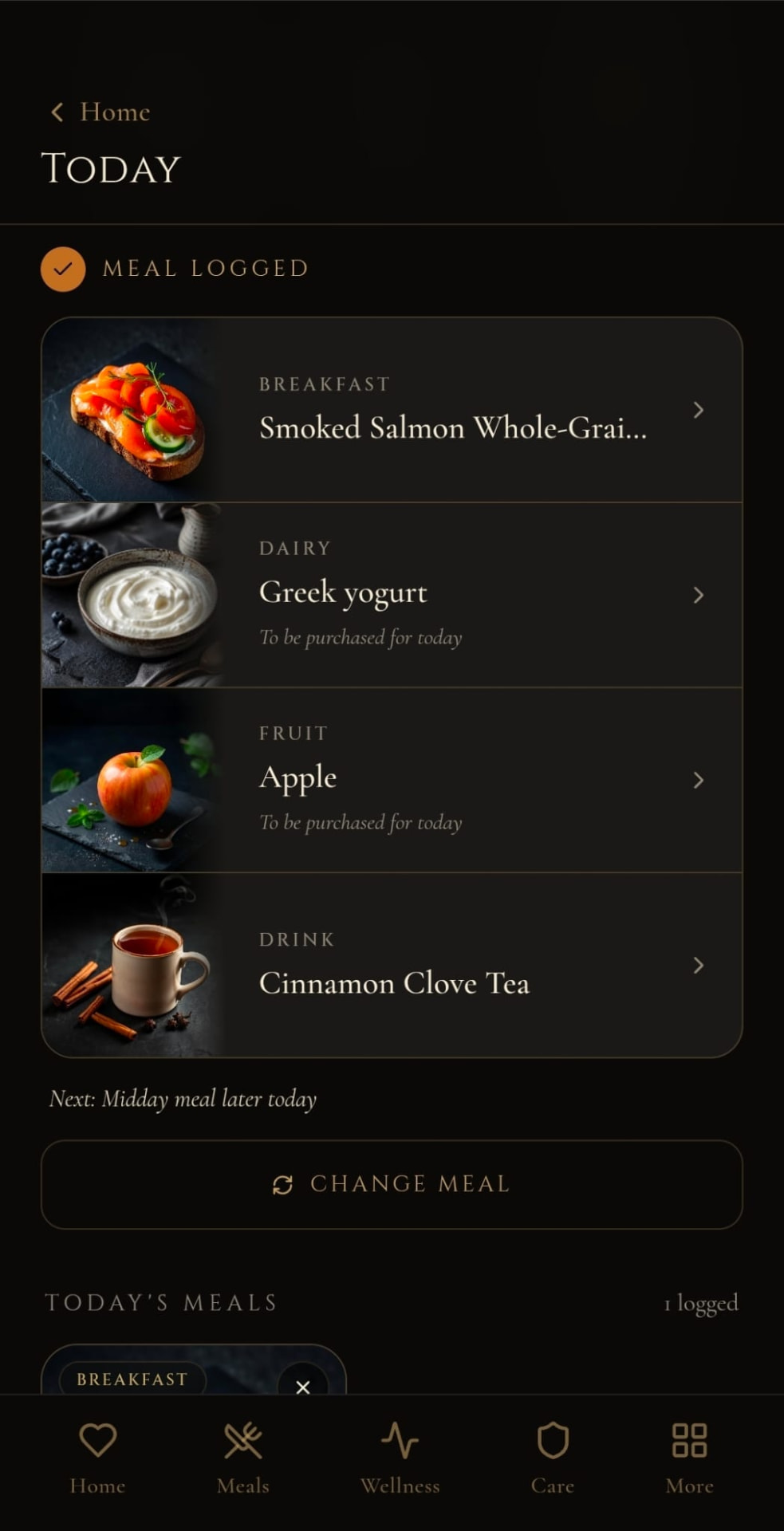 The Manne app showing today's logged breakfast, dairy, fruit and drink for a patient