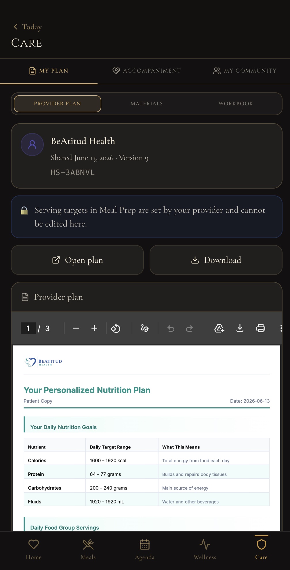 The Manne Care screen showing the nutrition plan shared by a provider