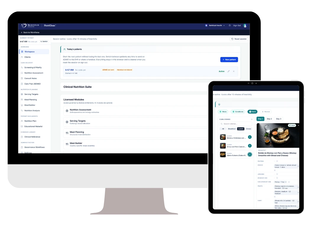 NutriGlean on a desktop and a tablet: the clinical workspace with licensed modules, and the meal builder