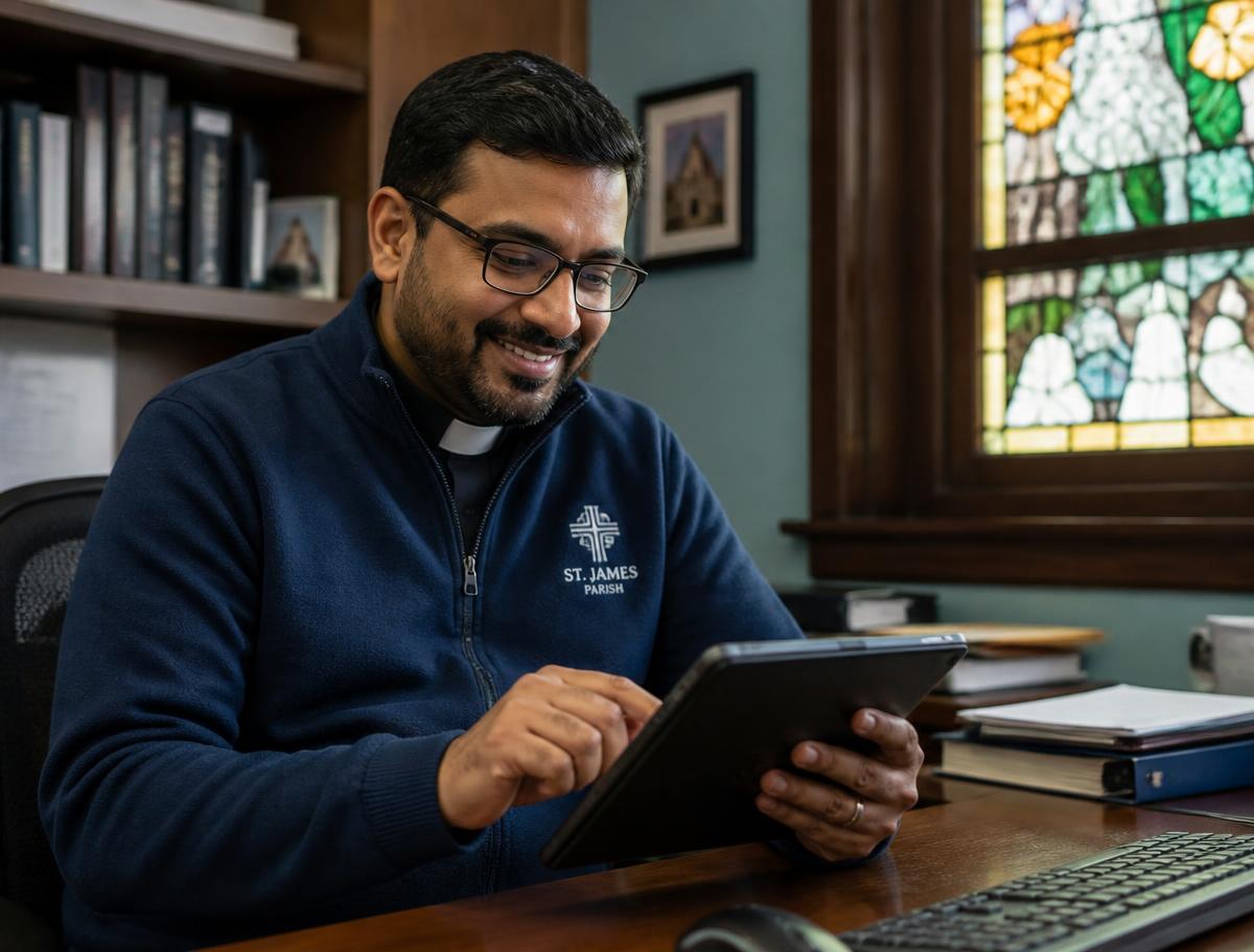 A parish administrator updating parish events on a tablet