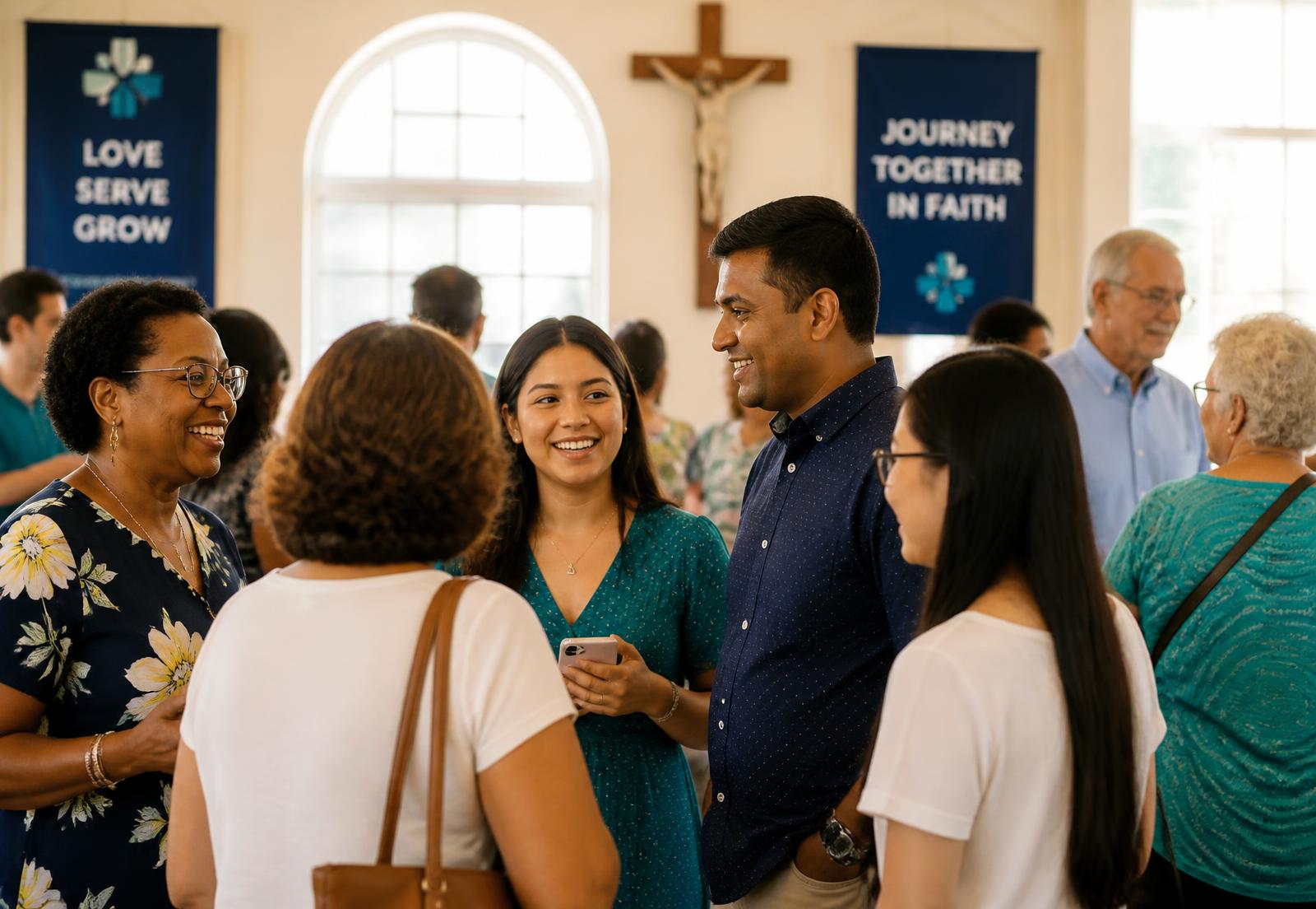 Parishioners talking together in a parish hall after Mass