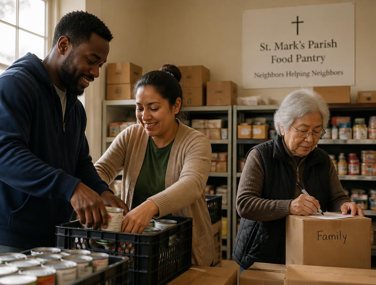 Volunteers sorting canned goods in a parish food pantry